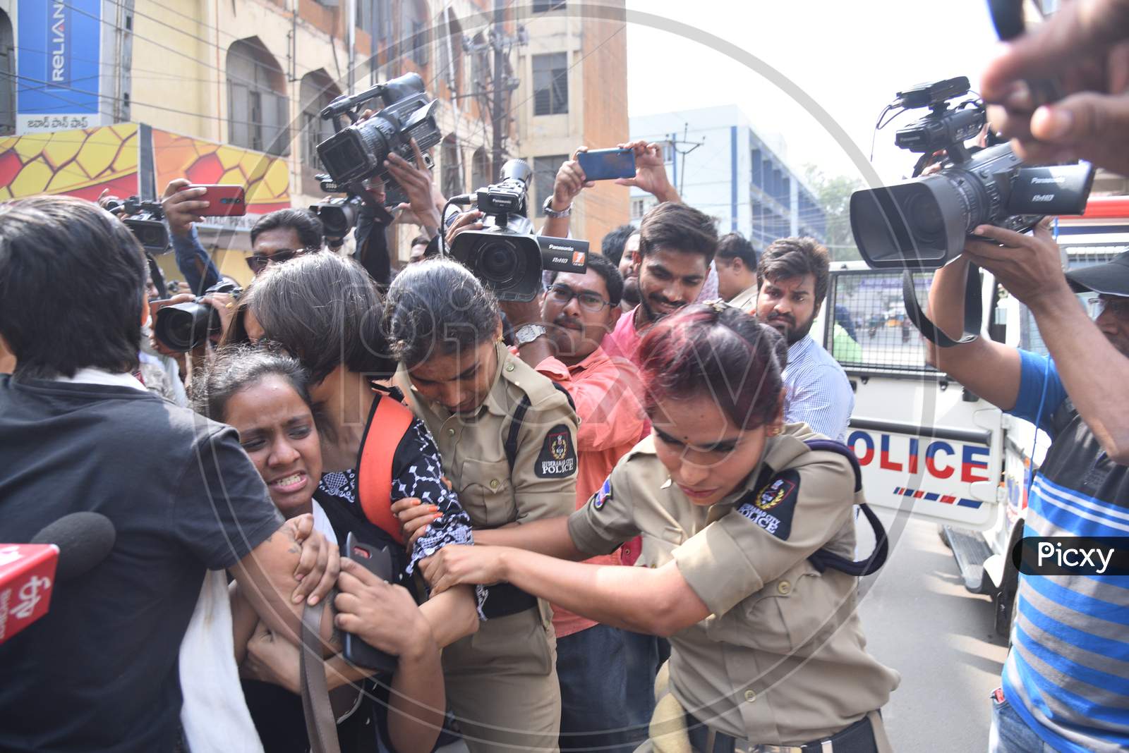 Women Protesters being detained by Hyderabad Police who were protesting against Citizenship Amendmend Act at Exhibition Grounds on 19,December 2019.