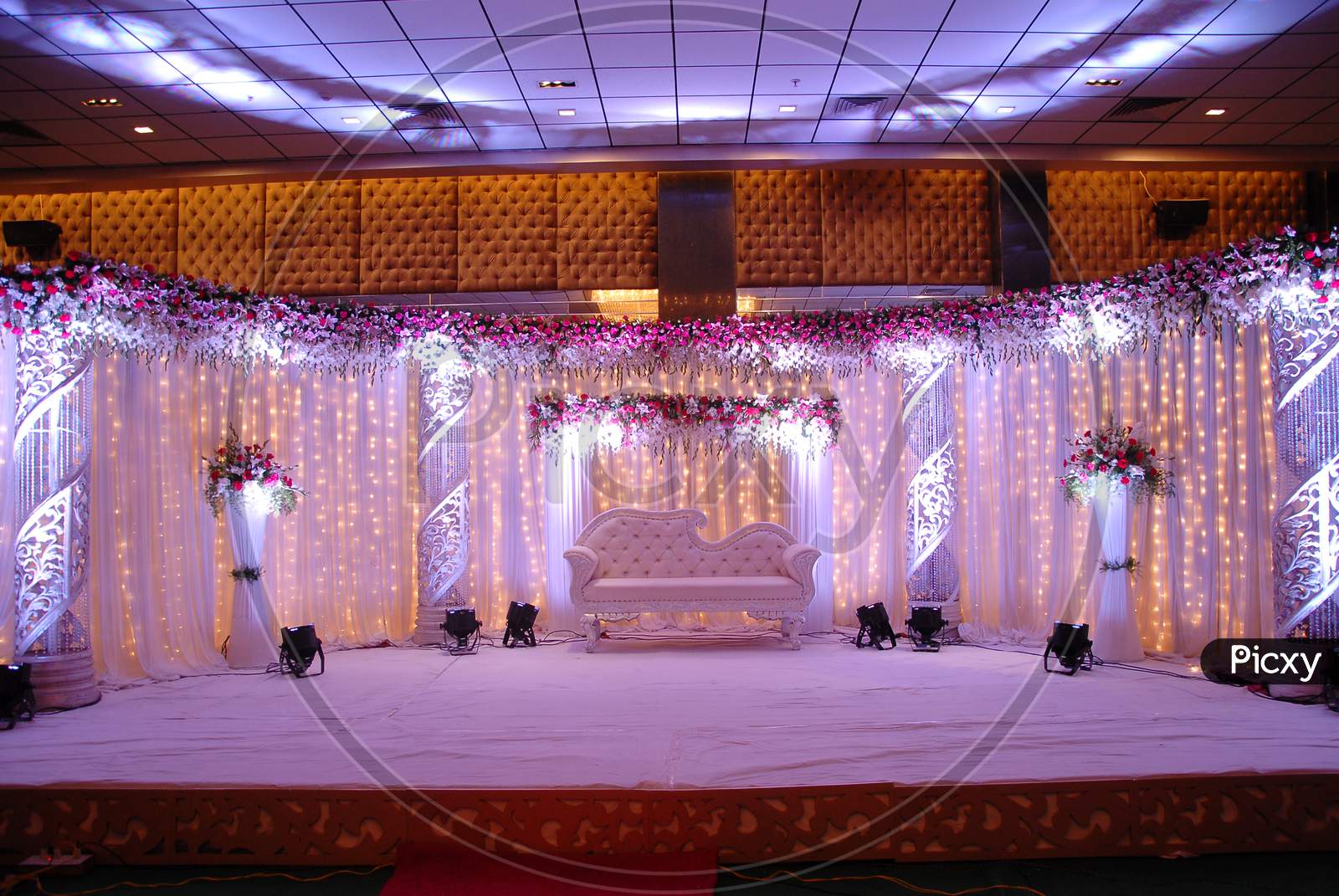 A Decorated stage with setup with lights