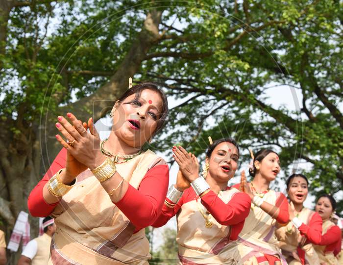 Young Assamese Woman Performing  Bihu Dance  , A Traditional Indigenous  Group Folk Dance Form In Assam State