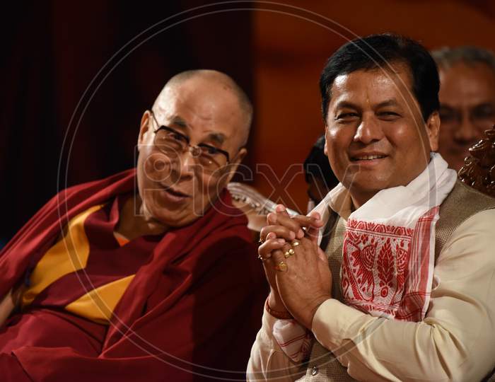 His Holiness Dalai Lama  And Assam Cheif Minister Sarbananda Sonowal  At Namami Bramaputra Festival Inauguration  in Gawahati  , Assam