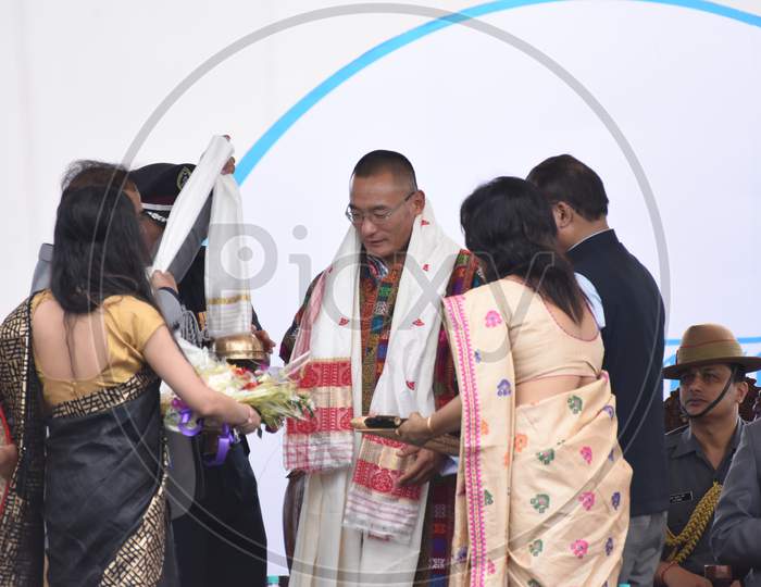 Assam Government Officials Honoring  Bhutan Prime Minister Tshering  Tobgay  At Namami Bramaputra Festival Inauguration Stage In Guwahati in Assam