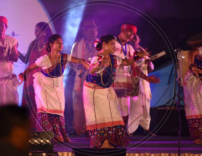 Artists Performing Assam Local Dances on Stage At Namami Bramaputra  Festival in Guwahati , Assam on March 31 2017