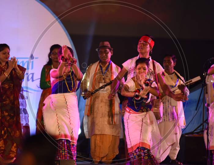 Artists Performing Assam Local Dances on Stage At Namami Bramaputra  Festival in Guwahati , Assam on March 31 2017