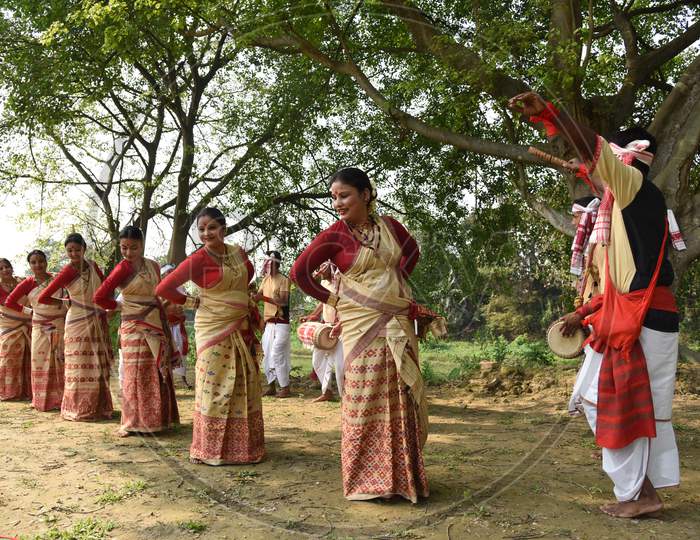 Young Assamese Woman Performing  Bihu Dance  , A Traditional Indigenous  Group Folk Dance Form In Assam State