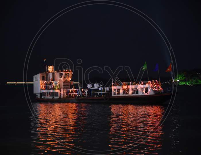 LED Lights Decorated Boats on River Bramaputra  During Namami Bramaputra Festival Celebrations