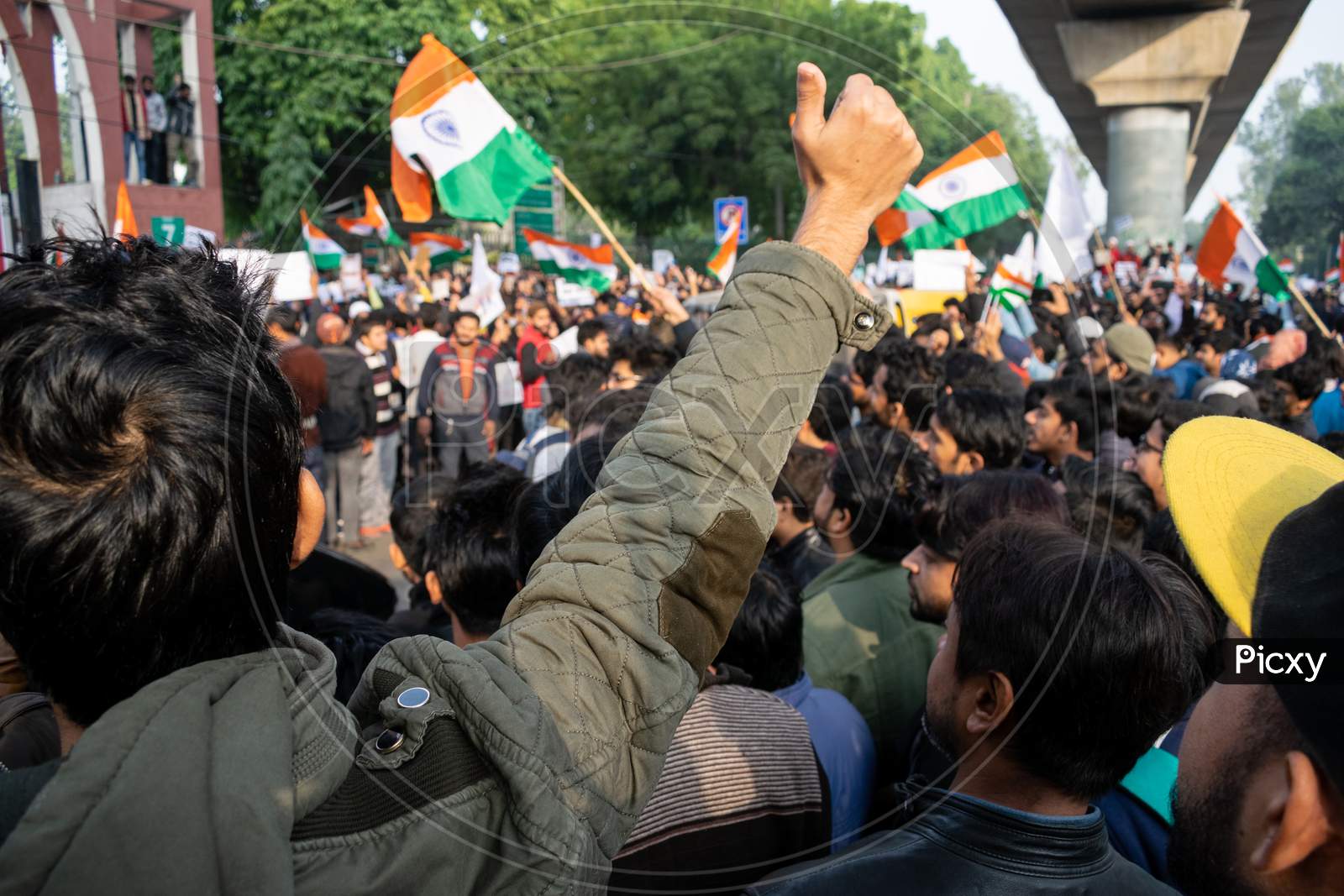 A student with raising hand and People With Indian Flags banners and posters Protesting Against Caa And Nrc Outside Bab E Maulana Abul Kalam Azad Gate No 7 Jamia Millia Islamia A Central University In New Delhi