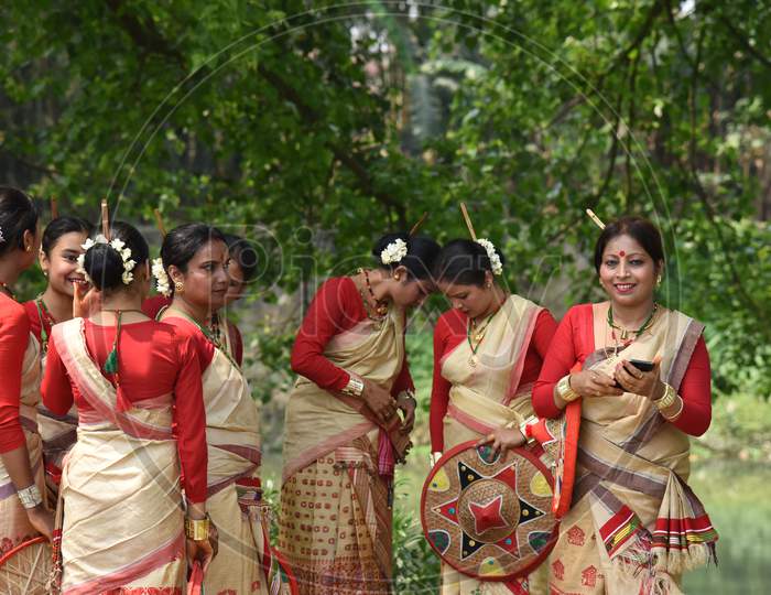 Bihu Dancers , A Traditional Indigenous  Group Folk Dance Form In Assam State  During Performance