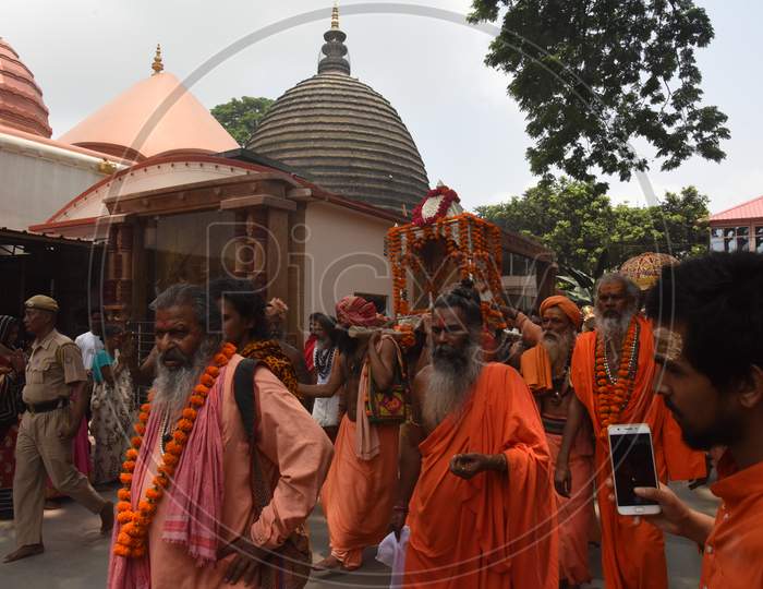 Group of Indian Sadhu Or Baba Participating in Procession During  Kamakhya Ambubachi Festival Celebrations
