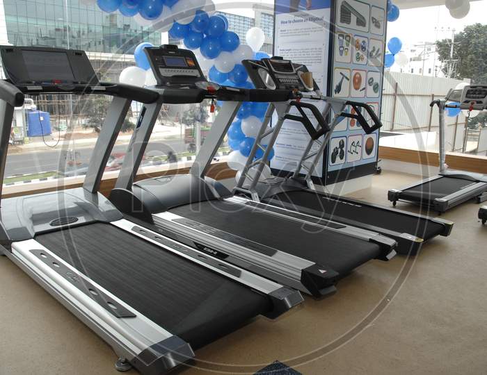 Modern treadmills in a newly opened gym