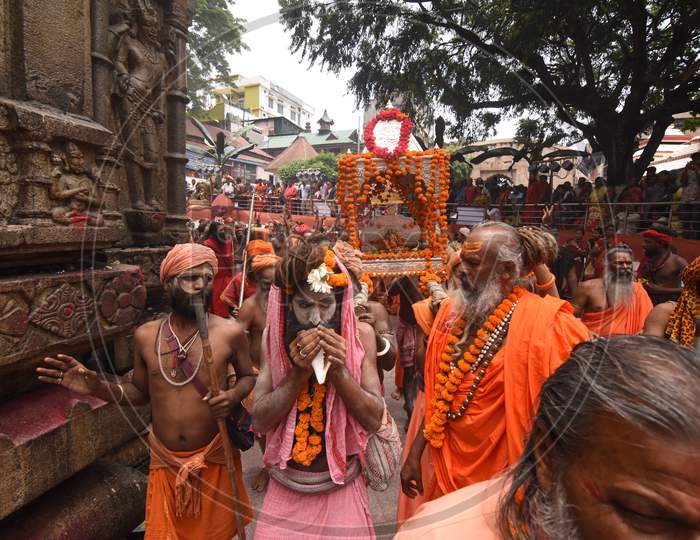 Group of Indian Sadhu Or Baba Participating in Procession During  Kamakhya Ambubachi Festival Celebrations