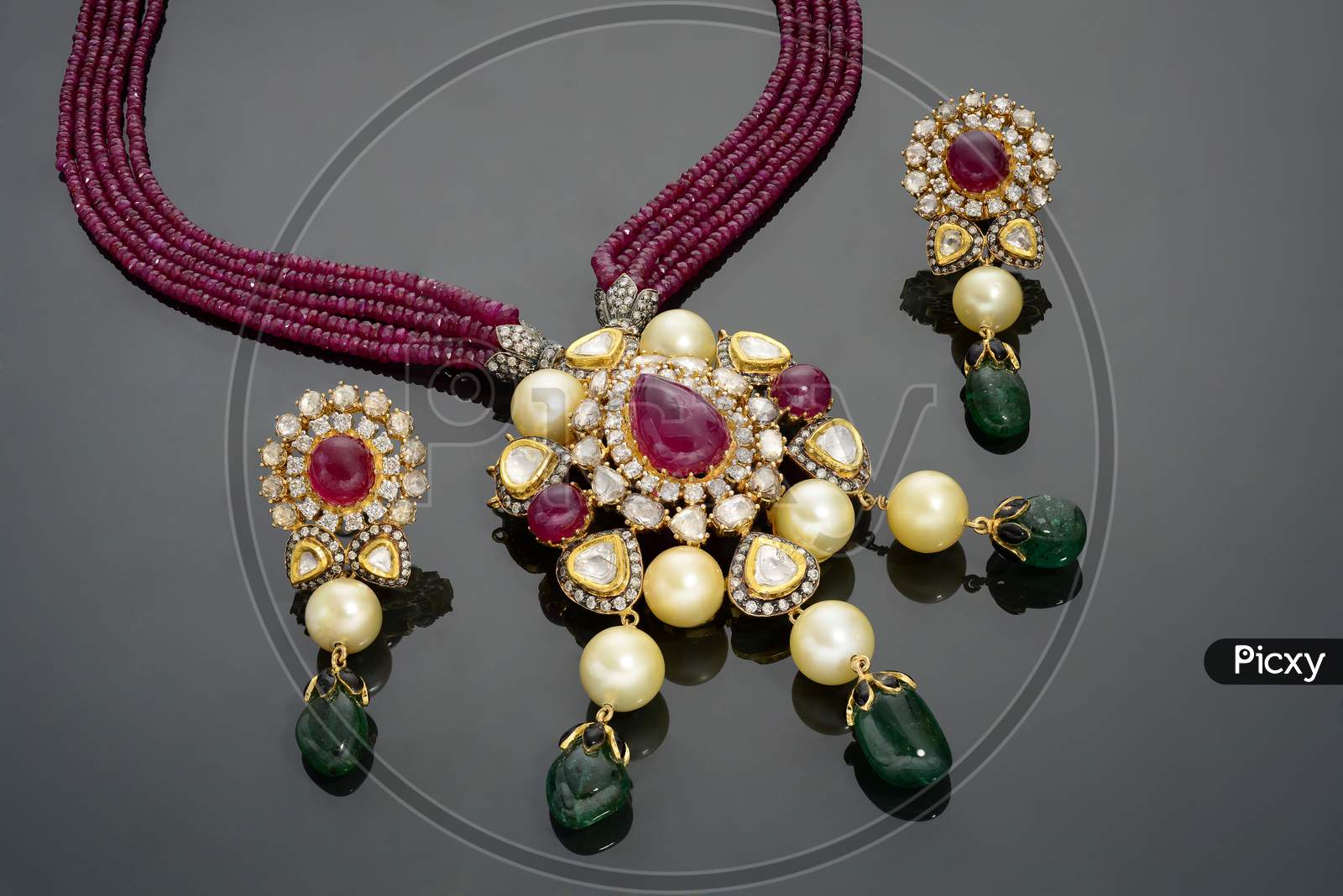 Magenta and Green Gemstone necklace with earrings