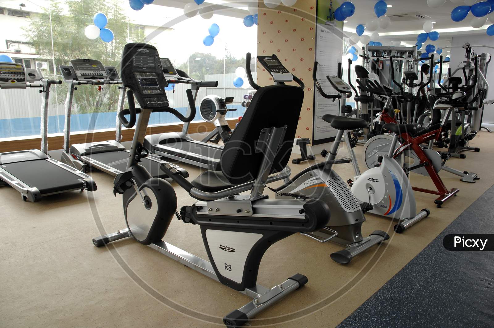 Stationary exercise bikes in a gym