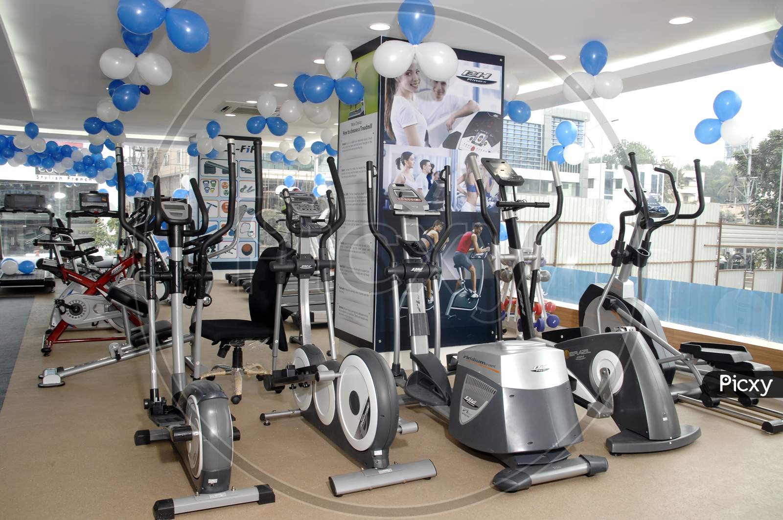 Elliptical bicycle machines in a gym