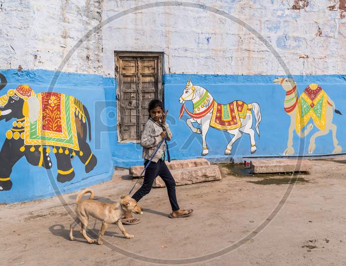 A Girl Child Taking Her Dog For a Walk On Streets of Jodhpur