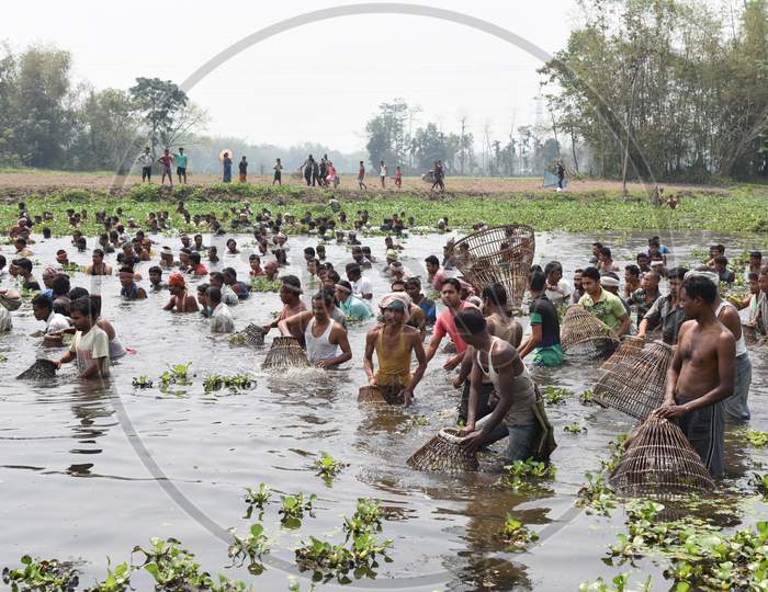 Tribal People Participating In Community Fishing With Nets In Rural Areas of  Nagaon , Assam