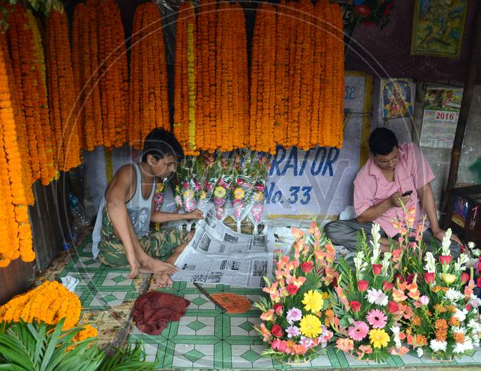 Guwahati,Assam,India -September 7th 2016 : Flower Vendors in Flower Market