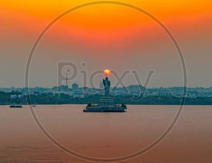 Sunset Sky Over Buddha Statue At Tankbund , Hyderabad