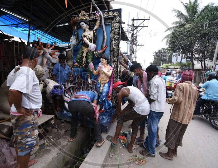 Durga Idols in Workshops For Dussera Festival Celebrations in Guwahati, Assam