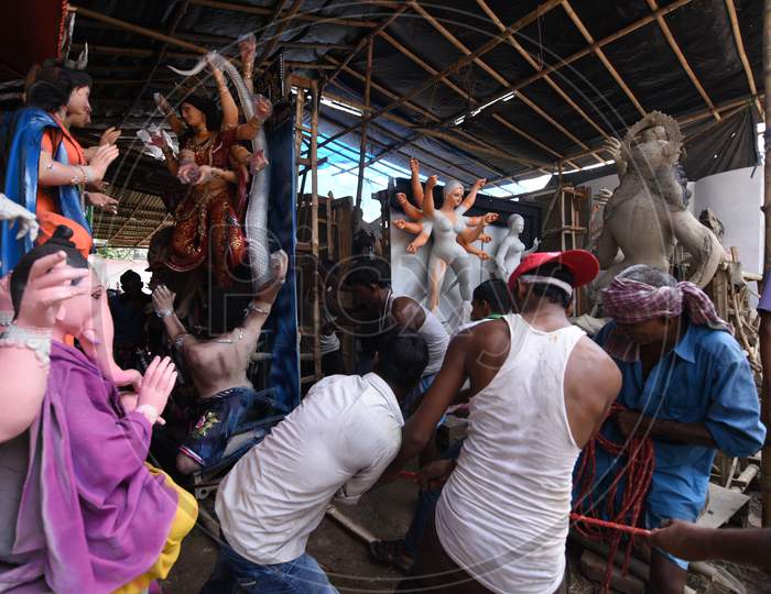 Durga Idols In Making In Workshops For Dussera Or Durga Navratri Festival Celebrations in Guwahati , Assam