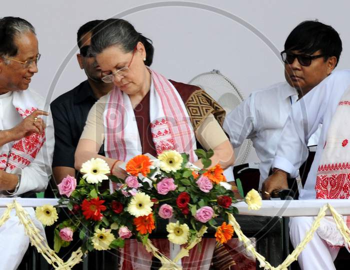 Congress President Sonia Gandhi  And Assam Chiefminister Tarun Gogoi During A Election Rally At Amguri In Sivsagar District Of Assam On 30-3-16.