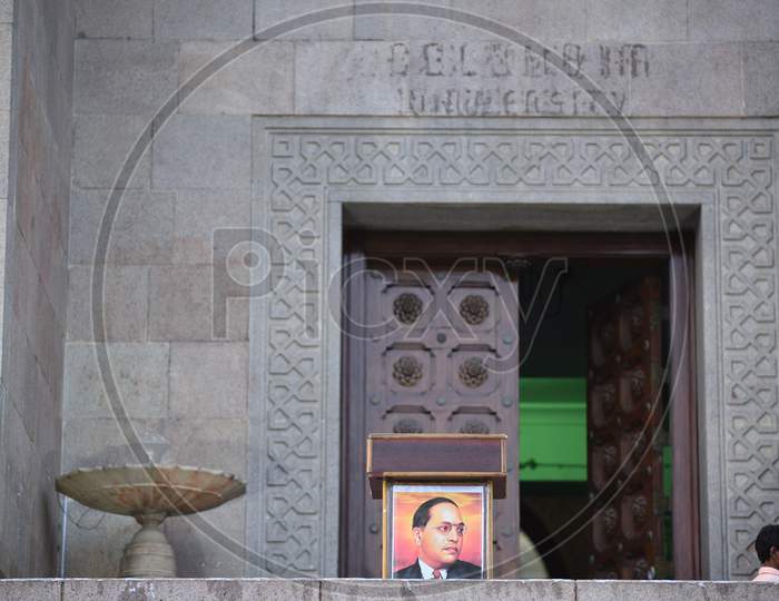 Ambedkar Photo seen against Osmania Arts College background