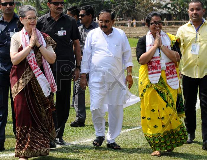 Congress President Sonia Gandhi  Arrives At An Election Rally   At Amguri In Sivsagar District Of Assam On 30-3-16.