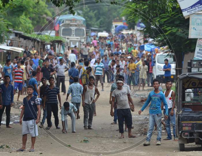 Protestor Clash With  Police Personnel During Road Block Demanding Setting Of The Aiims In Central Assam, At Raha In Nagaon District Of Assam On July 15,2016
