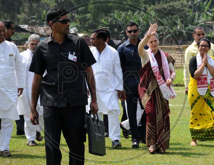 Congress President Sonia Gandhi  Arriving  At  An  Election Rally At Amguri In Sivsagar District Of Assam On 30-3-16.