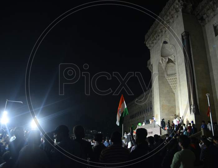 Protesters hold Indian Flag at a protest against CAA and NRC at Osmania Arts College on December 23rd,2019