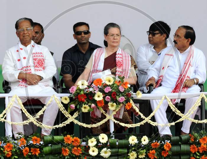 Congress President Sonia Gandhi  And Assam Chiefminister Tarun Gogoi And Other Party Leaders  During A Election Rally At Amguri In Sivsagar District Of Assam On 30-3-16.