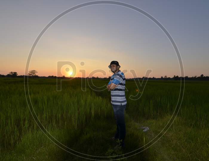 A Man in green Paddy Fields