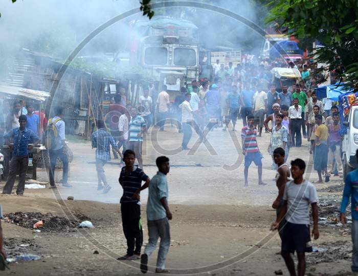 Protestor Clash With  Police Personnel During Road Block Demanding Setting Of The Aiims In Central Assam, At Raha In Nagaon District Of Assam On July 15,2016