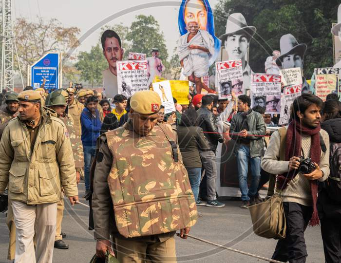Delhi police during Protest by Krantikari Yuva Sangathan (KYS) and others against Citizenship Amendment Act CAA and National Register of Citizens NRC