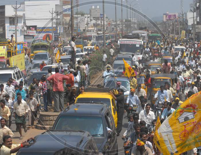 Crowd Of TDP Supporters Cheering in an Election Campaign Rally