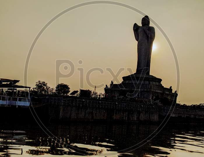 Silhouette Of Buddha Statue In Hussain Sagar Lake