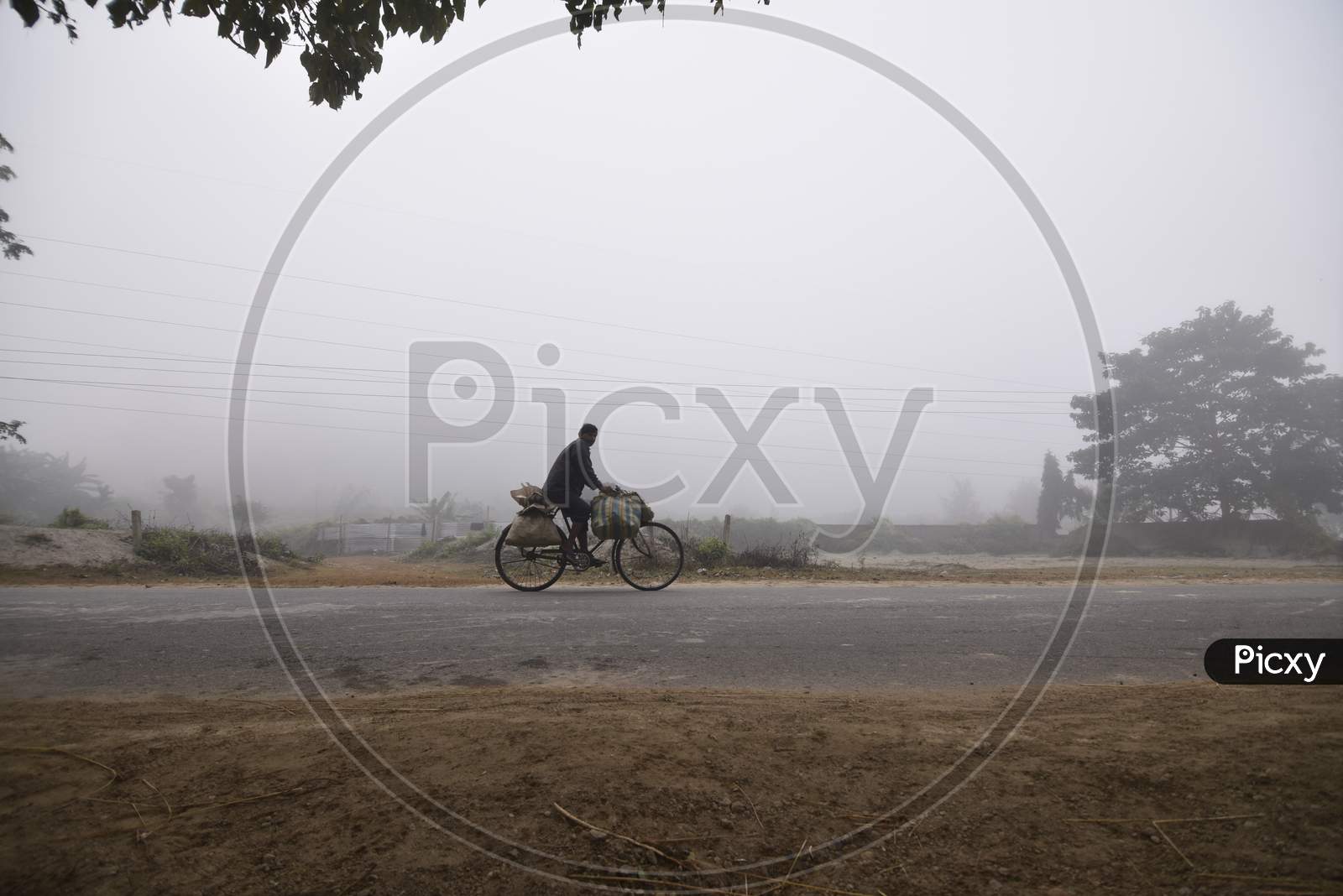 A Villager Riding A Bicycle on an Foggy Winter Morning in Guwahati