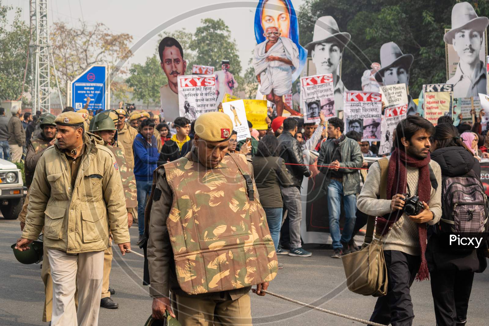 Delhi police during Protest by Krantikari Yuva Sangathan (KYS) and others against Citizenship Amendment Act CAA and National Register of Citizens NRC