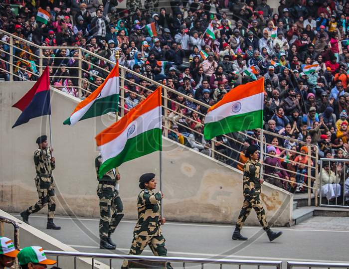 Military Cadets  Holding Indian National Flag In an Independence Day March