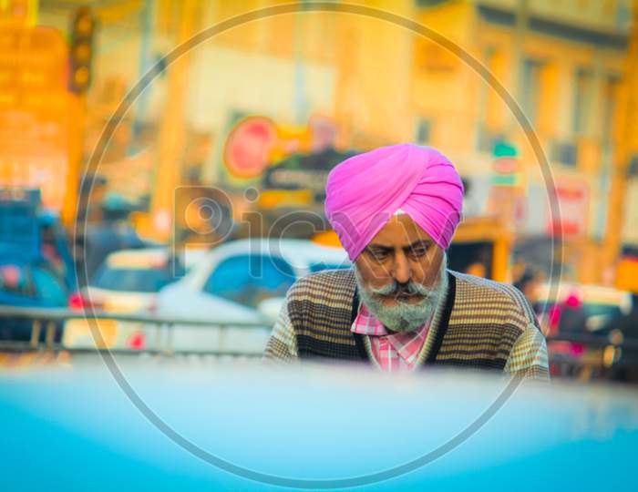 Closeup Shot of old man with Colorful Turban, Amritsar