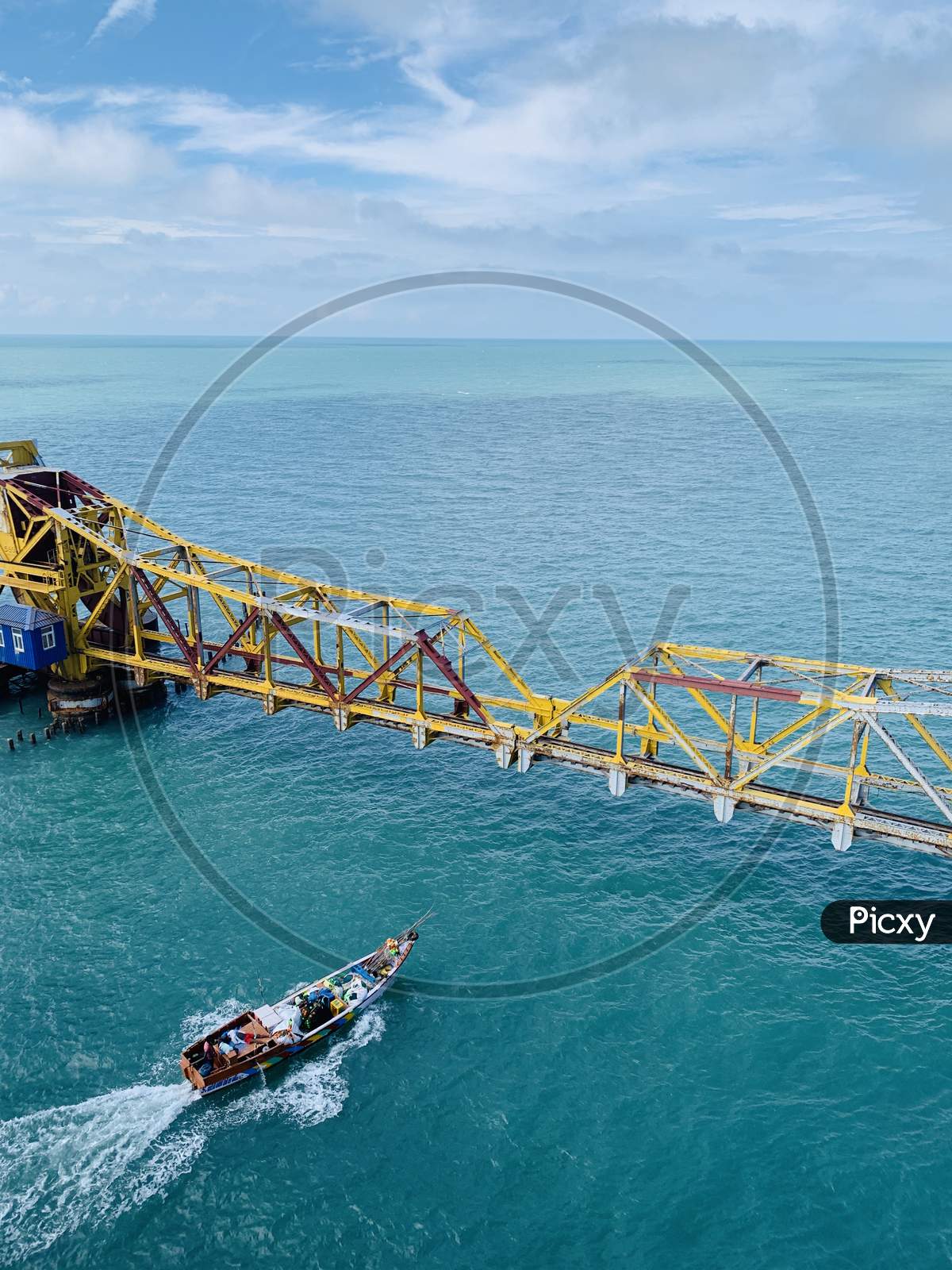 Pamban Bridge  Over Sea With Train And Boat On Sea Composition