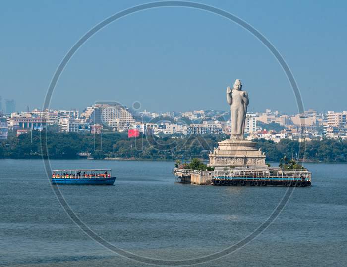 Telangana Tourism Boats At Buddha Statue In Hussain Sagar Lake , Hyderabad