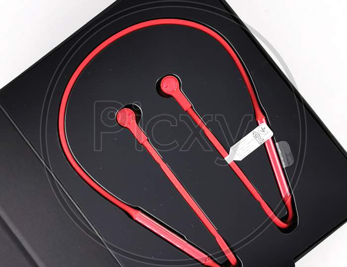 Bluetooth Earphones Neck band Over An Isolated White Background