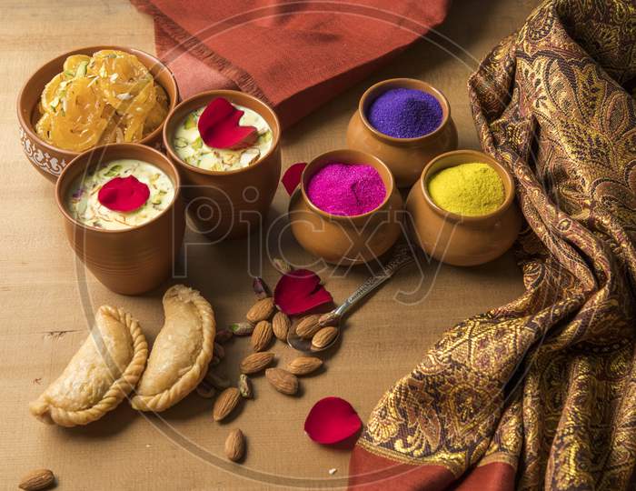 Indian Maharashtrian Festival Food for Holi. Puranpoli, Sweet roti,Gulpoli  And Badam Kheer With Dry Fruits Bowl
