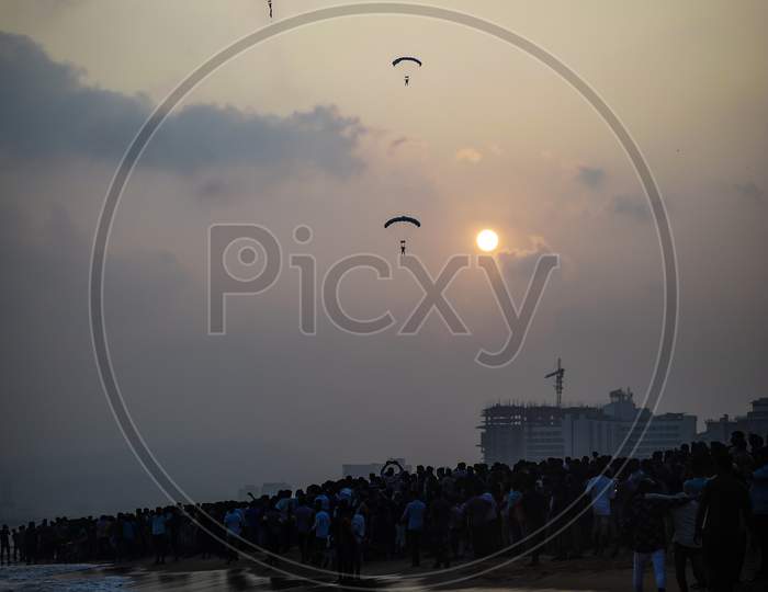 Indian Navy Paratroopers Demonstration At Indian Navy Day Celebrations in Vizag