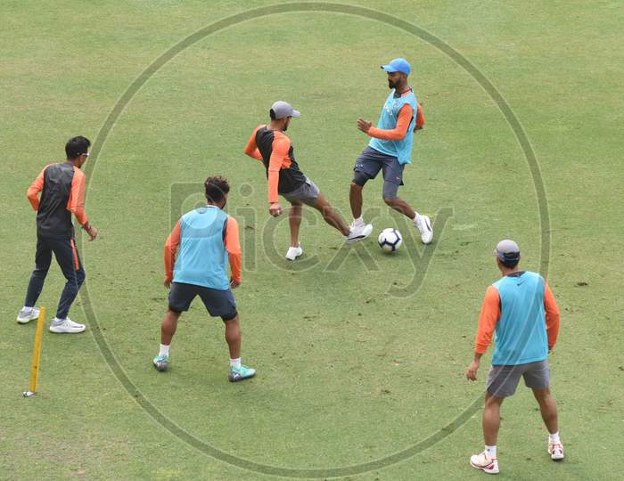 Team India Players Plays Football During A Practice Session Ahead Of The First One Day International Cricket Match Against West Indies, At Aca Cricket Stadium, Barsapara In Guwahati