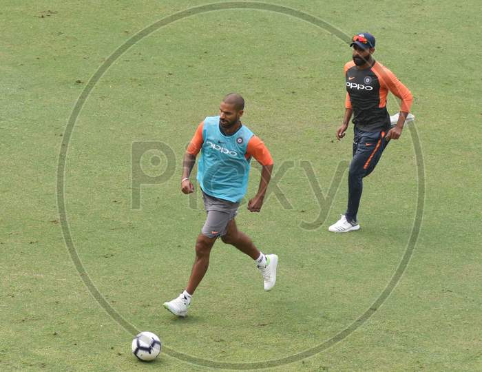 Team India Players  Plays Football During A Practice Session Ahead Of The First One Day International Cricket Match Against West Indies, At Aca Cricket Stadium, Barsapara In Guwahati