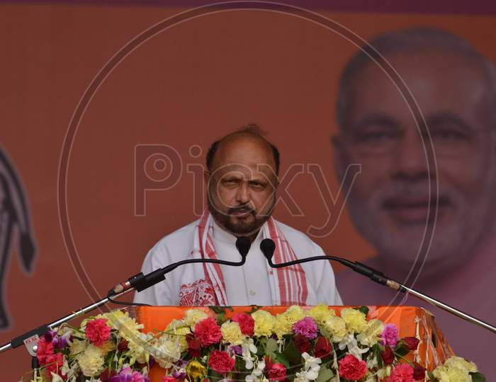Prafulla Kumar Mahanta, Former Assam Chief  Minister And Asom Ghana Parishad ( AGP ) Party President Speaking on Dias During Assembly General Elections Campign Meetings
