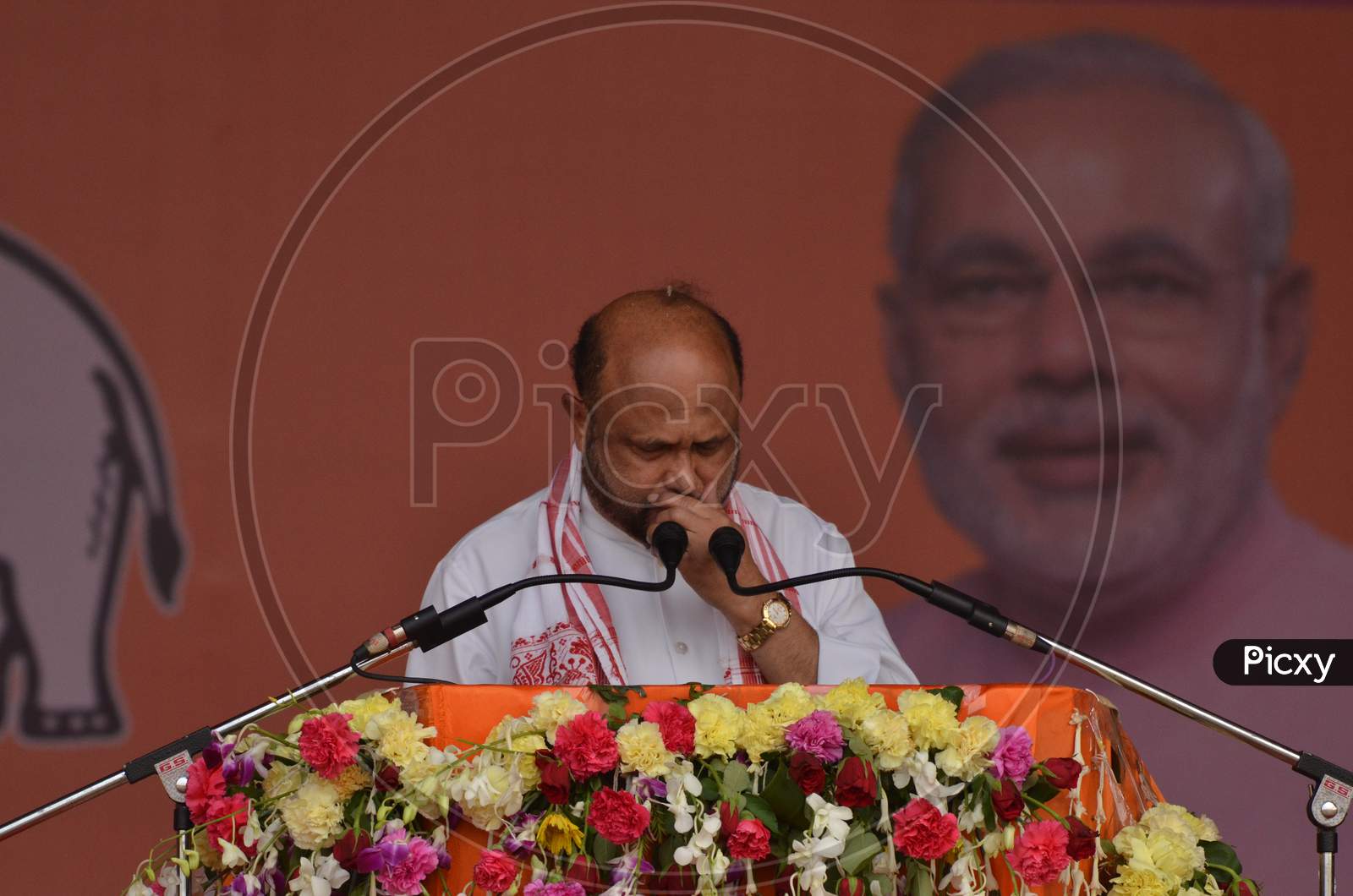 Prafulla Kumar Mahanta, Former Assam Chief  Minister And Asom Ghana Parishad ( AGP ) Party President Speaking on Dias During Assembly General Elections Campign Meetings