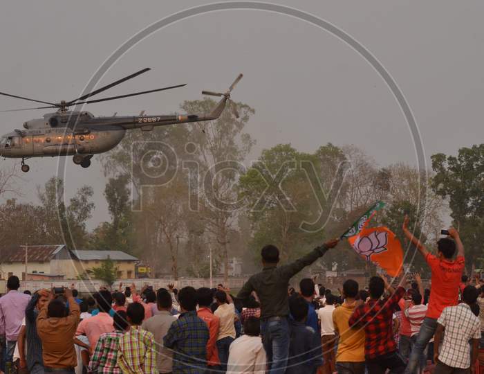 Prime Minister Arriving In Helicopter For Election Rally In Assam  During  2016 Assembly General Elections