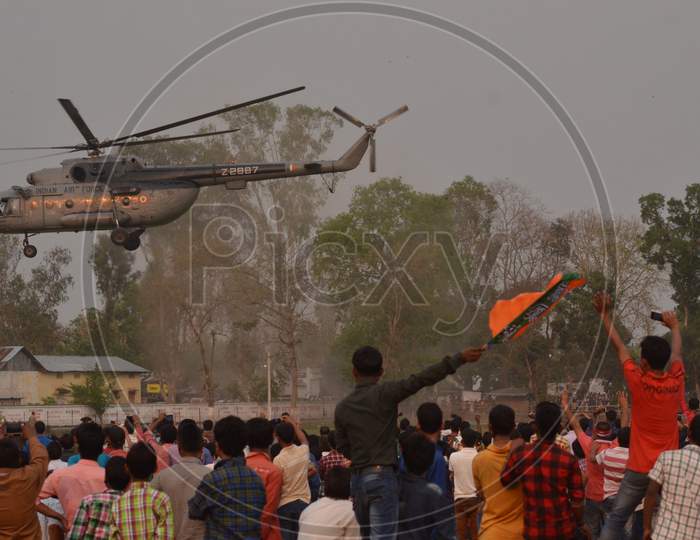 Prime Minister Arriving In Helicopter For Election Rally In Assam  During  2016 Assembly General Elections